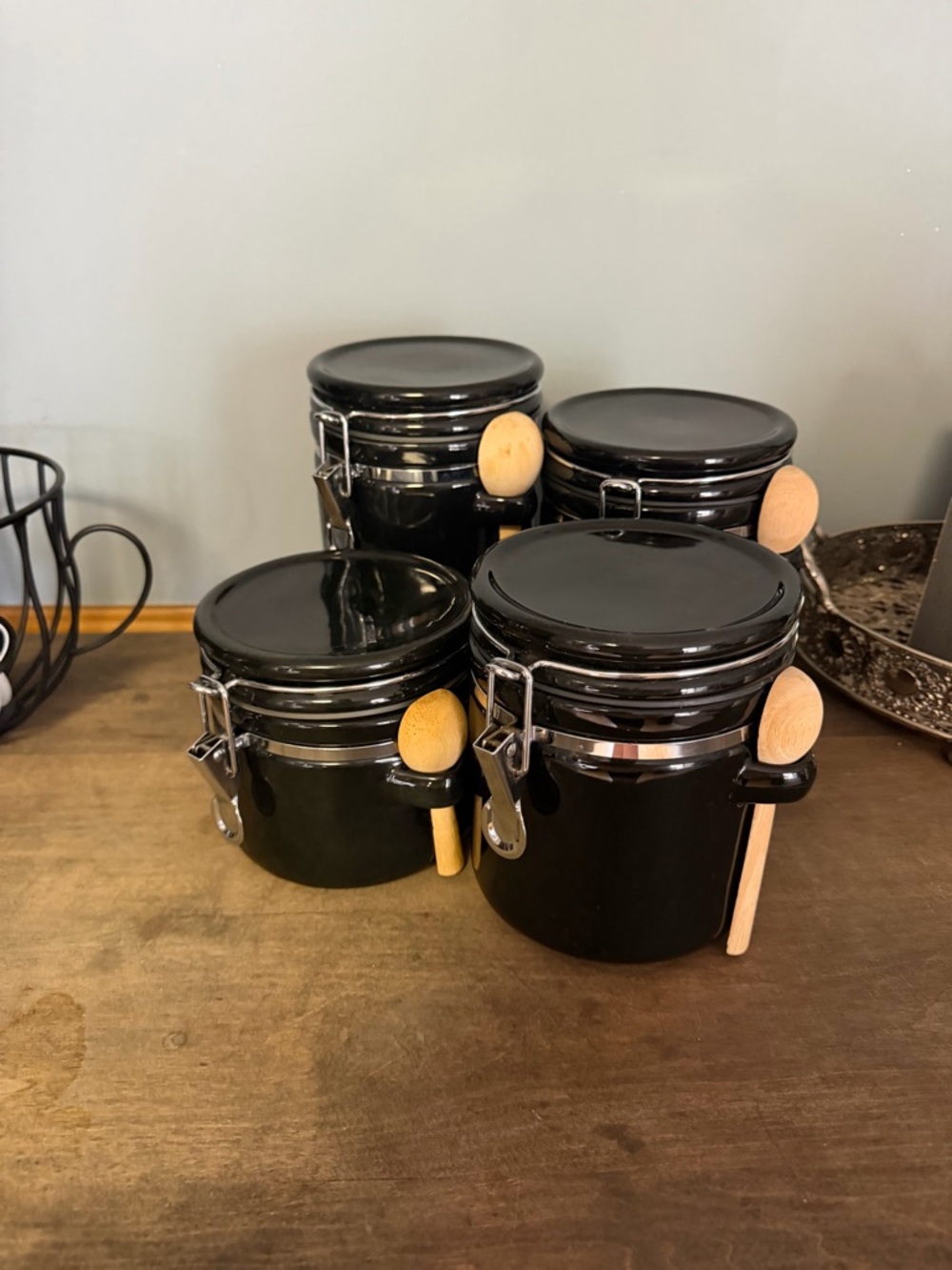 Black Ceramic Airtight Spice Jars with Wooden Spoons - Set of 4